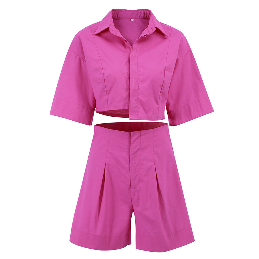 Pink Cotton Two Piece Outfit Short Sleeve Shirt with Pleated Shorts