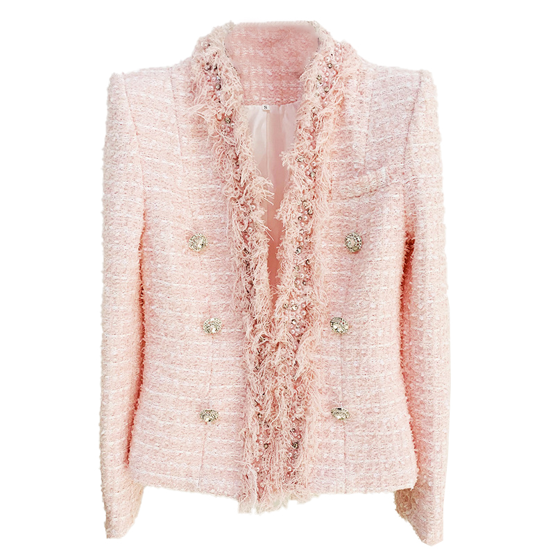 Luxury Pink Crystal Buttons Embellished Tweed Jacket