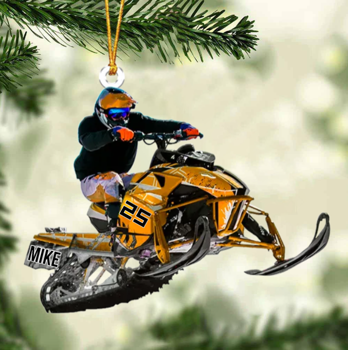 Personalized Snowmobile Rider Jumping Through Snow Christmas Ornament