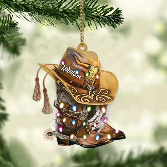 Personalized BOOTS AND HAT COWBOY Christmas Light Ornament