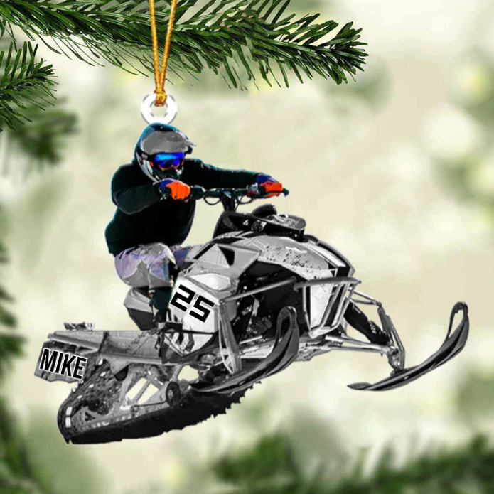 Personalized Snowmobile Rider Jumping Through Snow Christmas Ornament