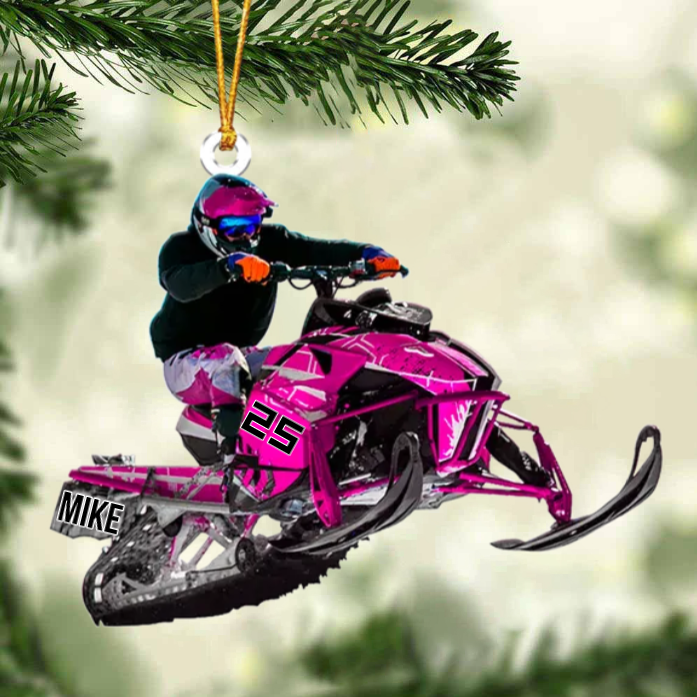 Personalized Snowmobile Rider Jumping Through Snow Christmas Ornament