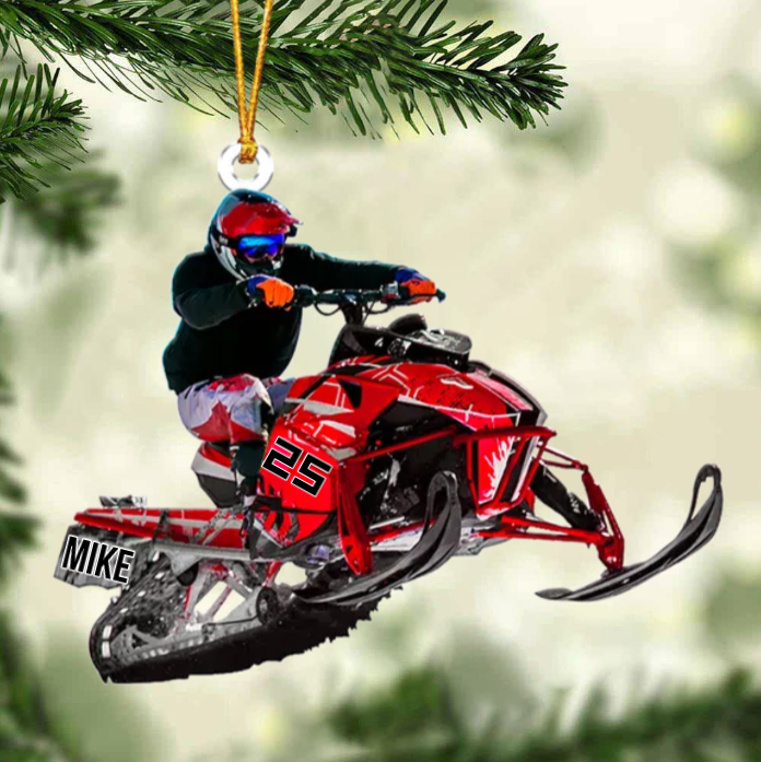 Personalized Snowmobile Rider Jumping Through Snow Christmas Ornament