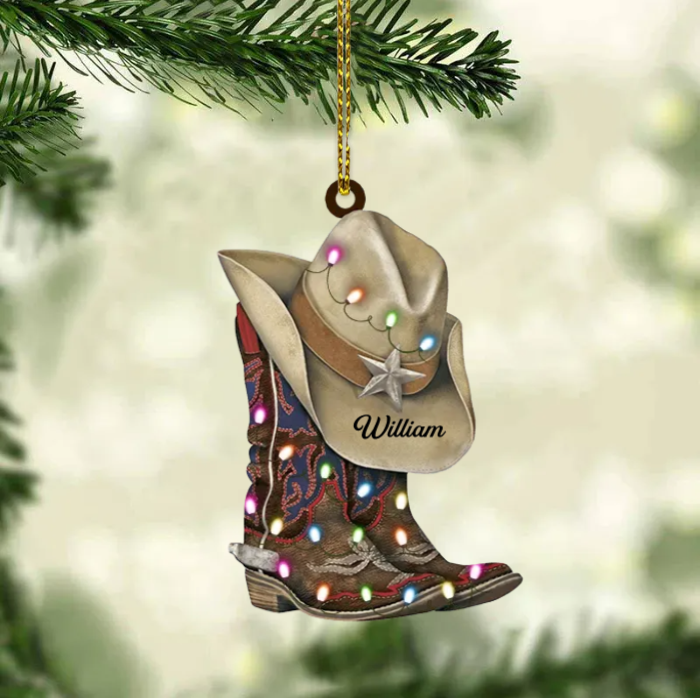 Personalized BOOTS AND HAT COWBOY Christmas Light Ornament