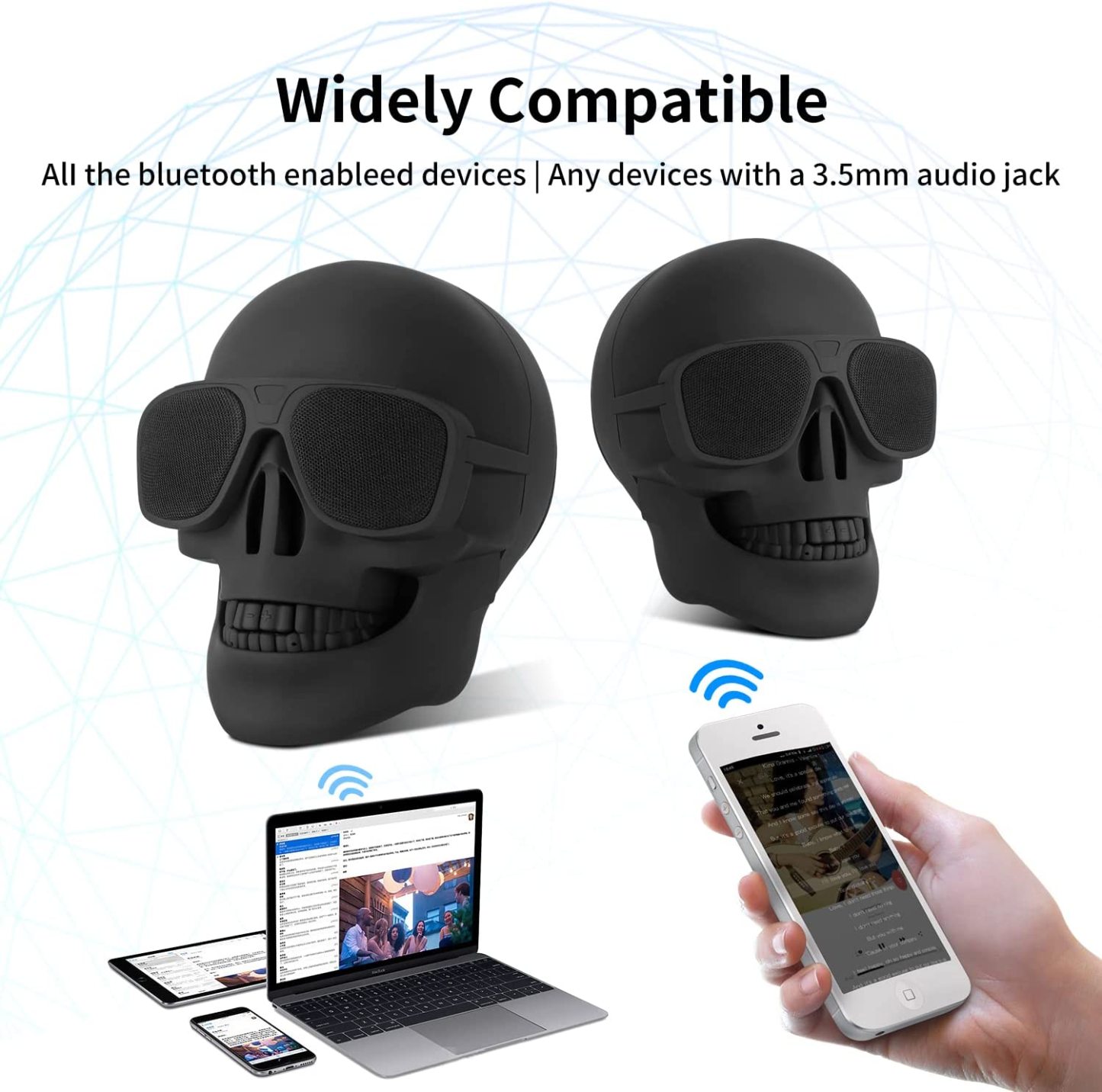 Skull Head Speaker Portable Bluetooth Speakers 8W Output Bass Stereo with DSP Compatible for Desktop PC/Laptop/Mobile Phone/MP3/MP4 Player for Halloween Unique Gift Home Party Traveling&Outdoor -Black