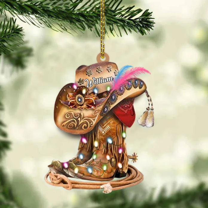 Personalized BOOTS AND HAT COWBOY Christmas Light Ornament