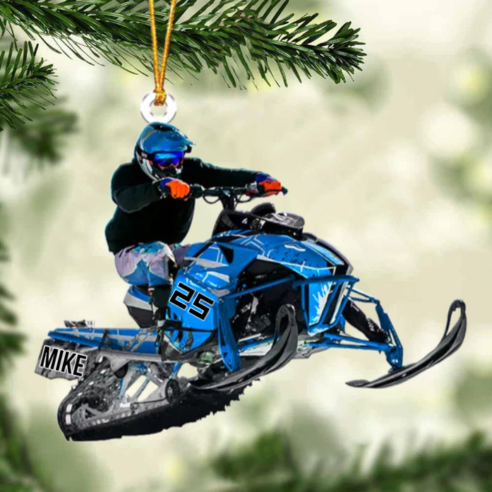 Personalized Snowmobile Rider Jumping Through Snow Christmas Ornament