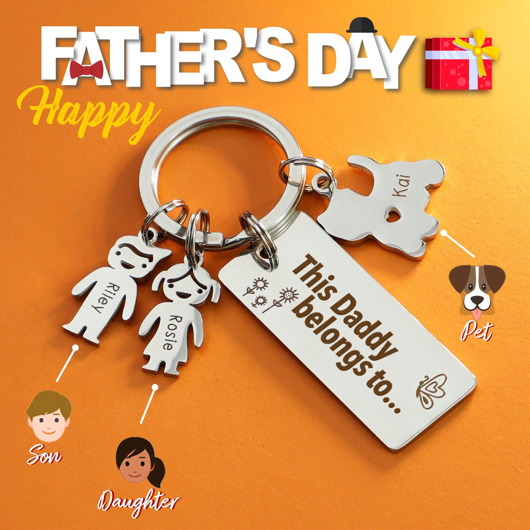 1 Charm - Father's Day Gift Personalized This Daddy Belongs to.. Keychain With Kids Charm