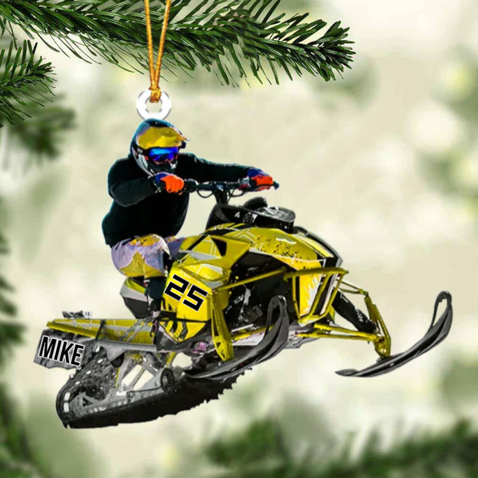 Personalized Snowmobile Rider Jumping Through Snow Christmas Ornament