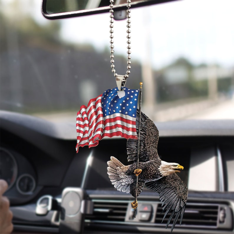 Eagle Freedom Life with Flag USA Gift for Eagle Lover Birds Lovers Rear View Mirror Car Accessories, Rearview Mirror Charm, Hanging Ornament