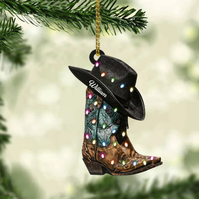 Personalized BOOTS AND HAT COWBOY Christmas Light Ornament