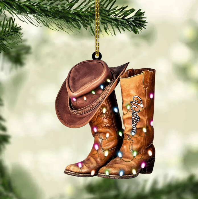 Personalized BOOTS AND HAT COWBOY Christmas Light Ornament