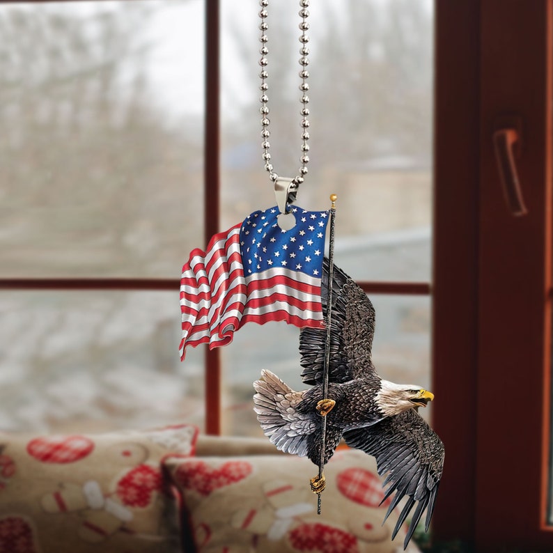 Eagle Freedom Life with Flag USA Gift for Eagle Lover Birds Lovers Rear View Mirror Car Accessories, Rearview Mirror Charm, Hanging Ornament