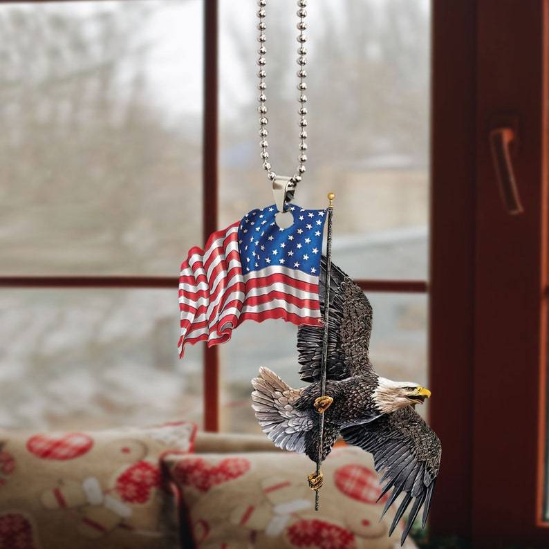 Eagle Freedom Life with Flag USA Gift for Eagle Lover Birds Lovers Rear View Mirror Car Accessories, Rearview Mirror Charm, Hanging Ornament