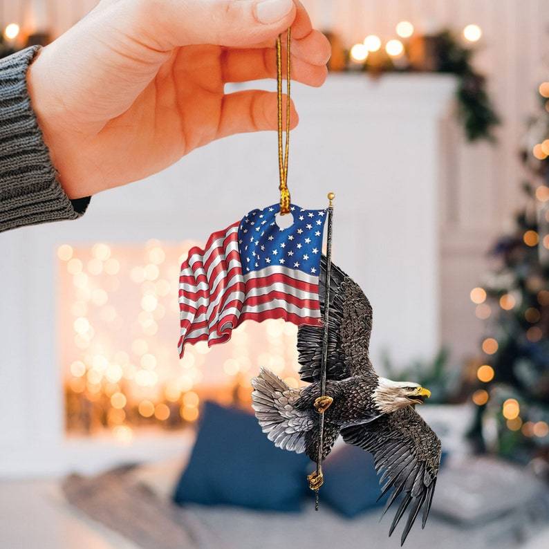 Eagle Freedom Life with Flag USA Gift for Eagle Lover Birds Lovers Rear View Mirror Car Accessories, Rearview Mirror Charm, Hanging Ornament