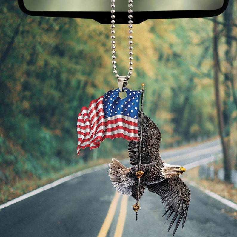 Eagle Freedom Life with Flag USA Gift for Eagle Lover Birds Lovers Rear View Mirror Car Accessories, Rearview Mirror Charm, Hanging Ornament