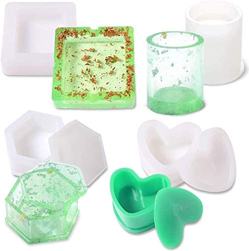 4Pcs Epoxy Resin Casting Art Molds Include Holder Ashtray, Round Pen Holder，Heart Shape Silicone Mold, Hexagon Storage Box Mold for DIY Jewelry, Flower Pot/Pen/Candle Soap Holder 