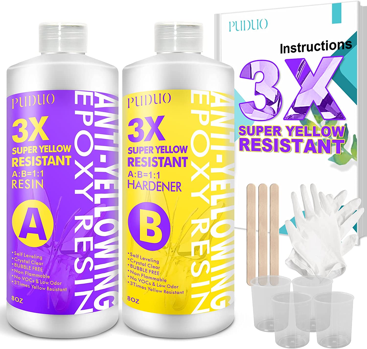 PUDUO Resin Epoxy Kit , Super Anti-Yellowing Crystal Clear Epoxy Resin for Art, Jewelry Making, Casting, Silicone molds, Color pigments, Craft Resin epoxy Resin