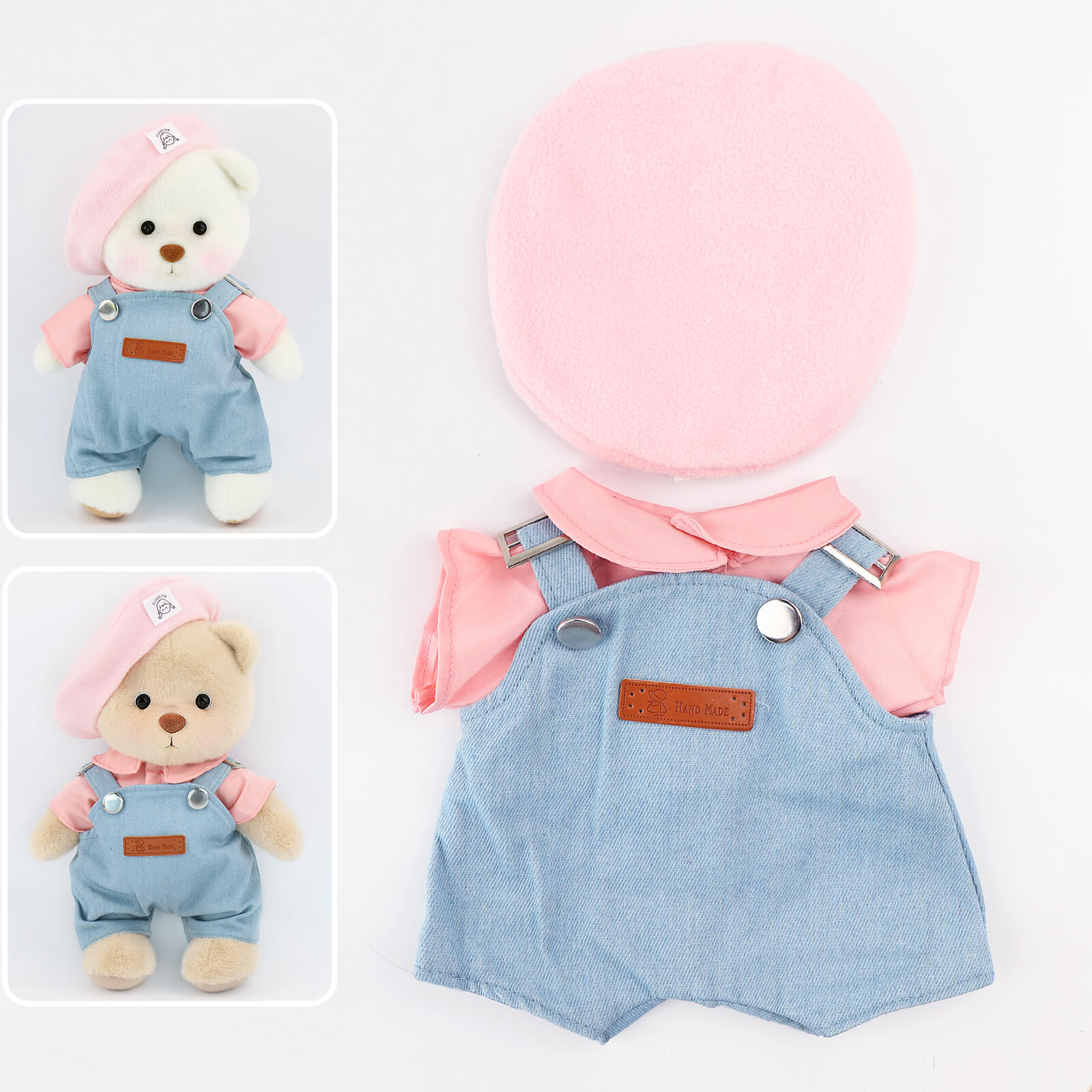 Beddingset.vip-Bedding Bear Outfits-Pink Beanie Denim Overalls Set of Three(Outfit Only) | Teddy Bear Clothes