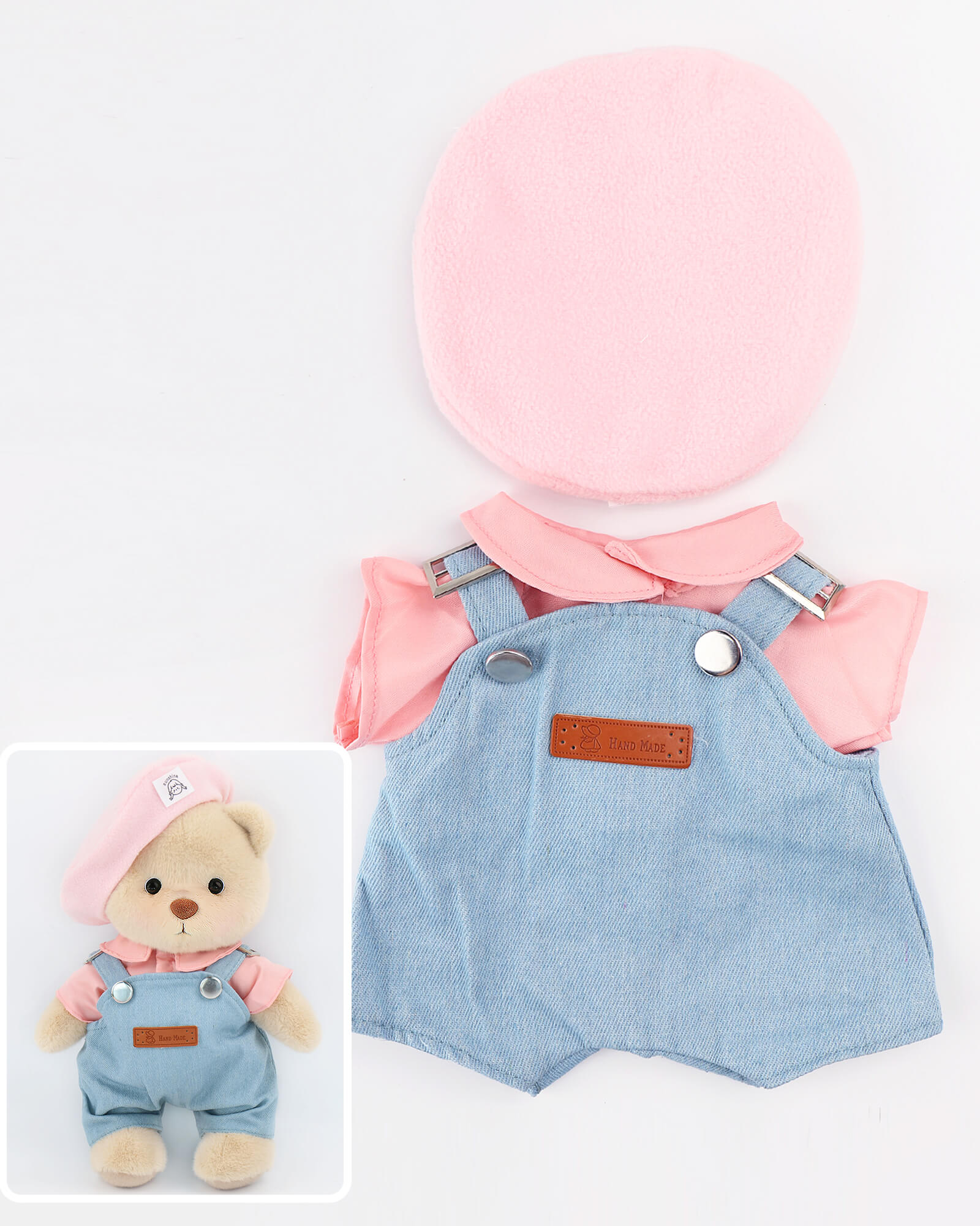 Pink Beanie Denim Overalls Set of Three(Outfit Only) | Teddy Bear Clothes -Getahug