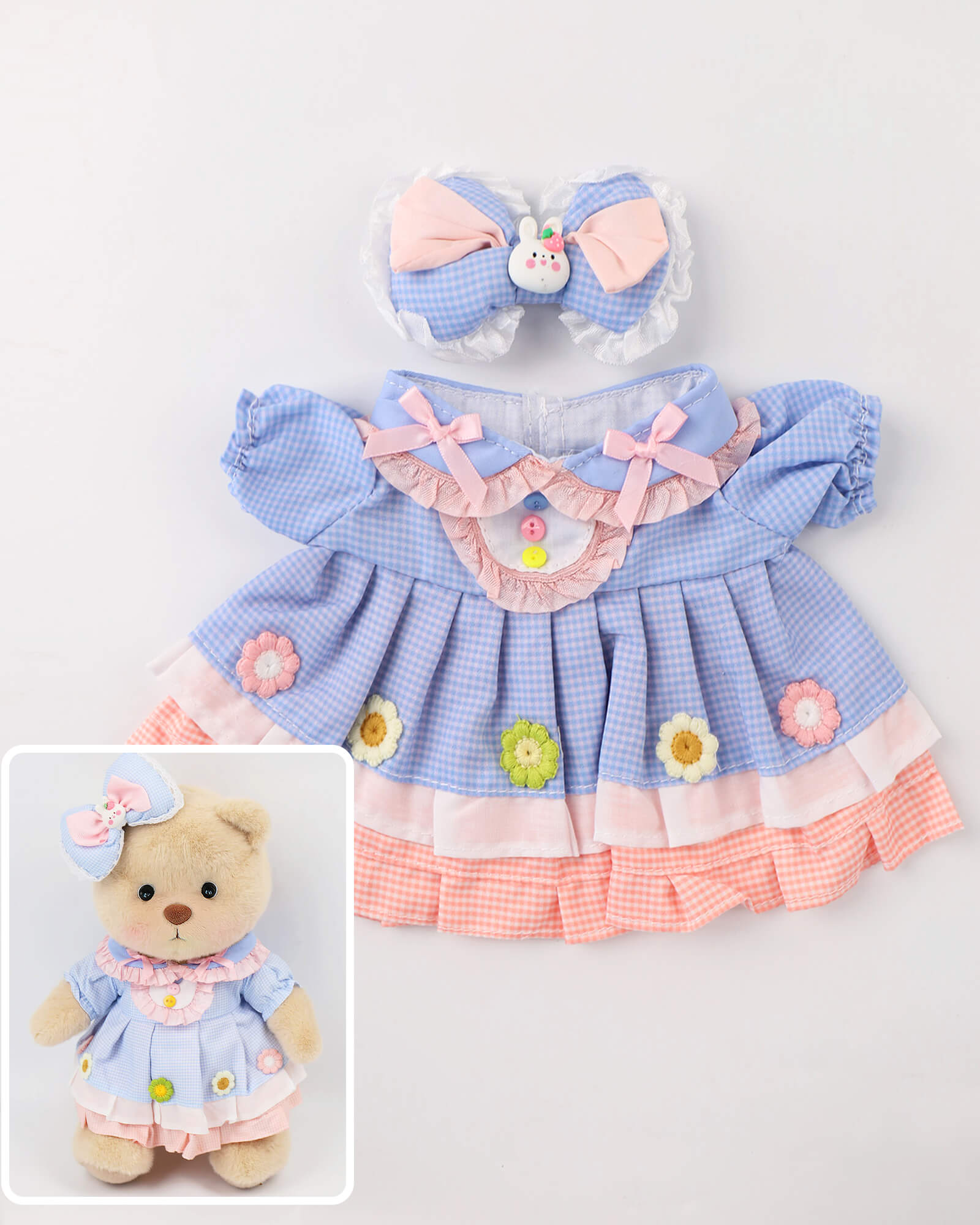 Sky Blue Plaid Flower Layered Dress | Teddy Bear Clothes-Getahug