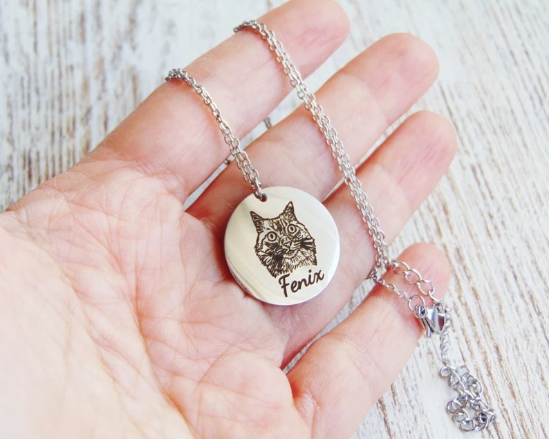 Pet Photo Necklace in Sterling Silver, Pet Memorial Gift, Dog Necklace, Engraving Pet Necklace, Pet Remembrance Jewelry, Gift for Pet Lover
