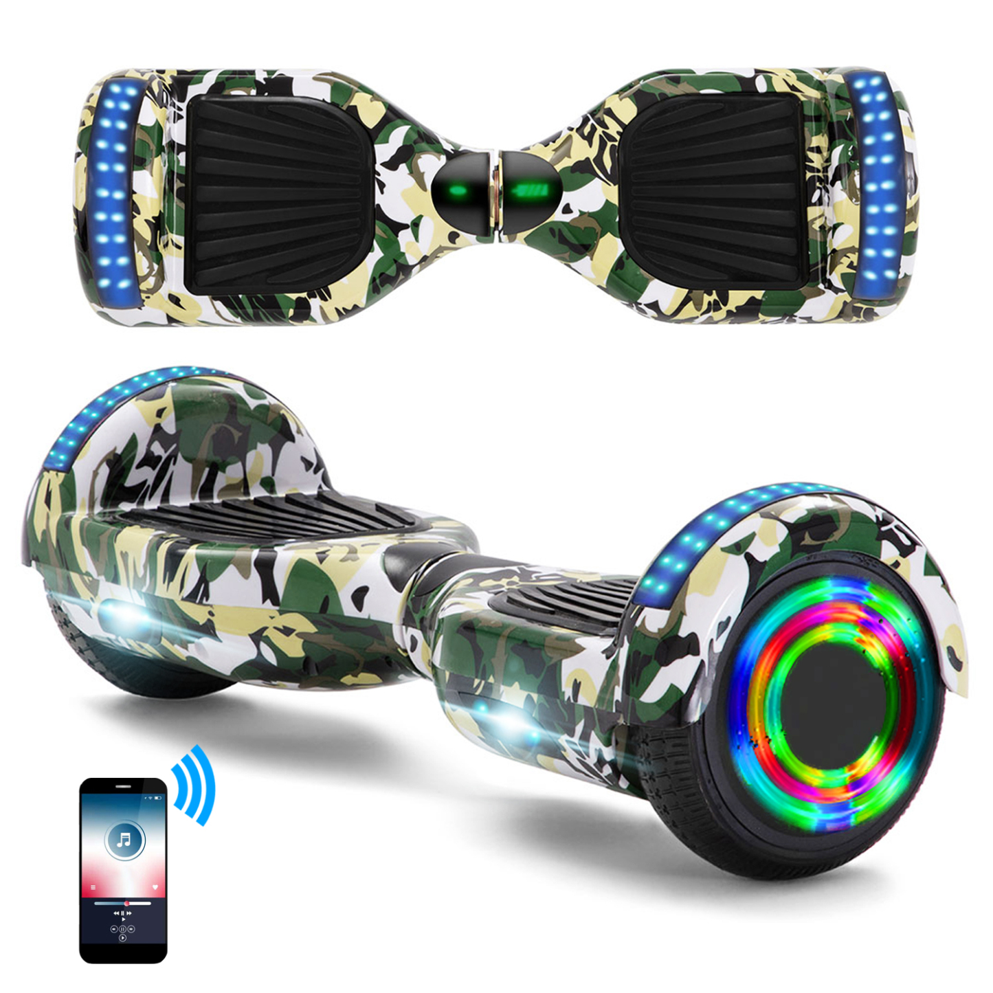 Neues 6,5" Camouflage grünes Hoverboard für Kinder, mit Bluetooth Musik Lautsprecher und Disco LED Licht - 500W 12km/h-Hoverboarde
