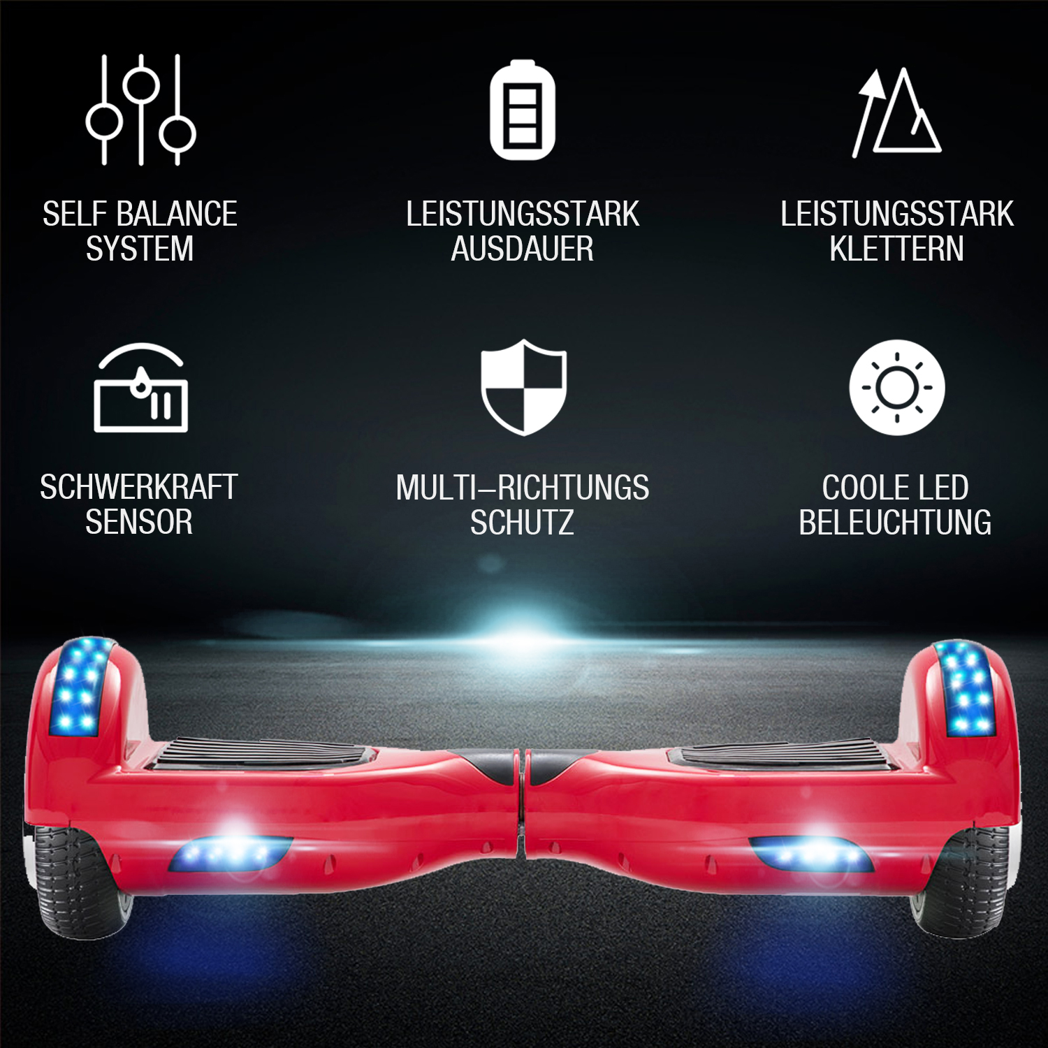 Neues 6,5" rotes Hoverboard für Kinder, mit Bluetooth Musik Lautsprecher und Disco LED Licht - 500W 12km/h-Hoverboarde