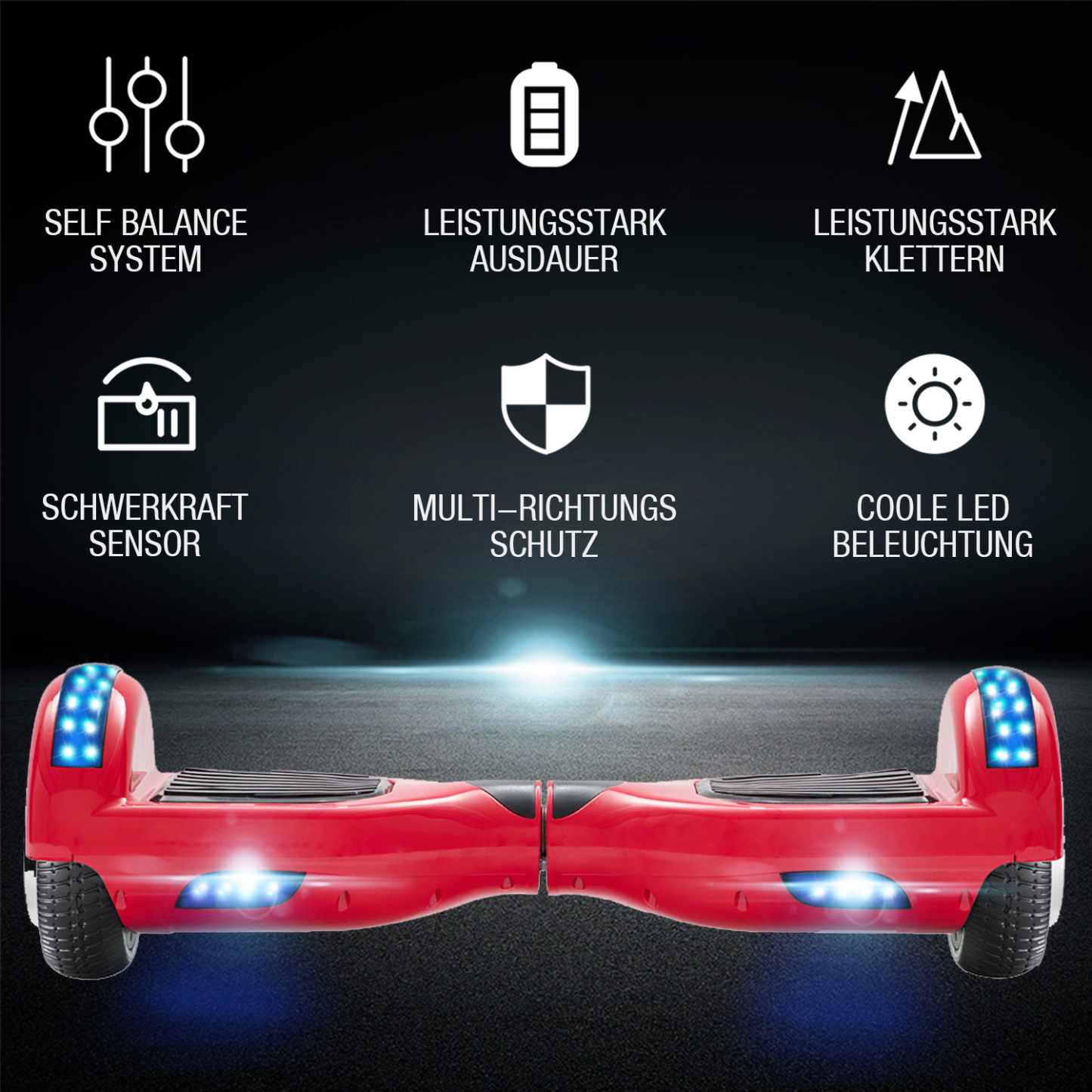 Neues 6,5" Hoverboard rot mit Bluetooth Musik Lautsprecher und LED Licht - 500W 12km/h-Hoverboarde