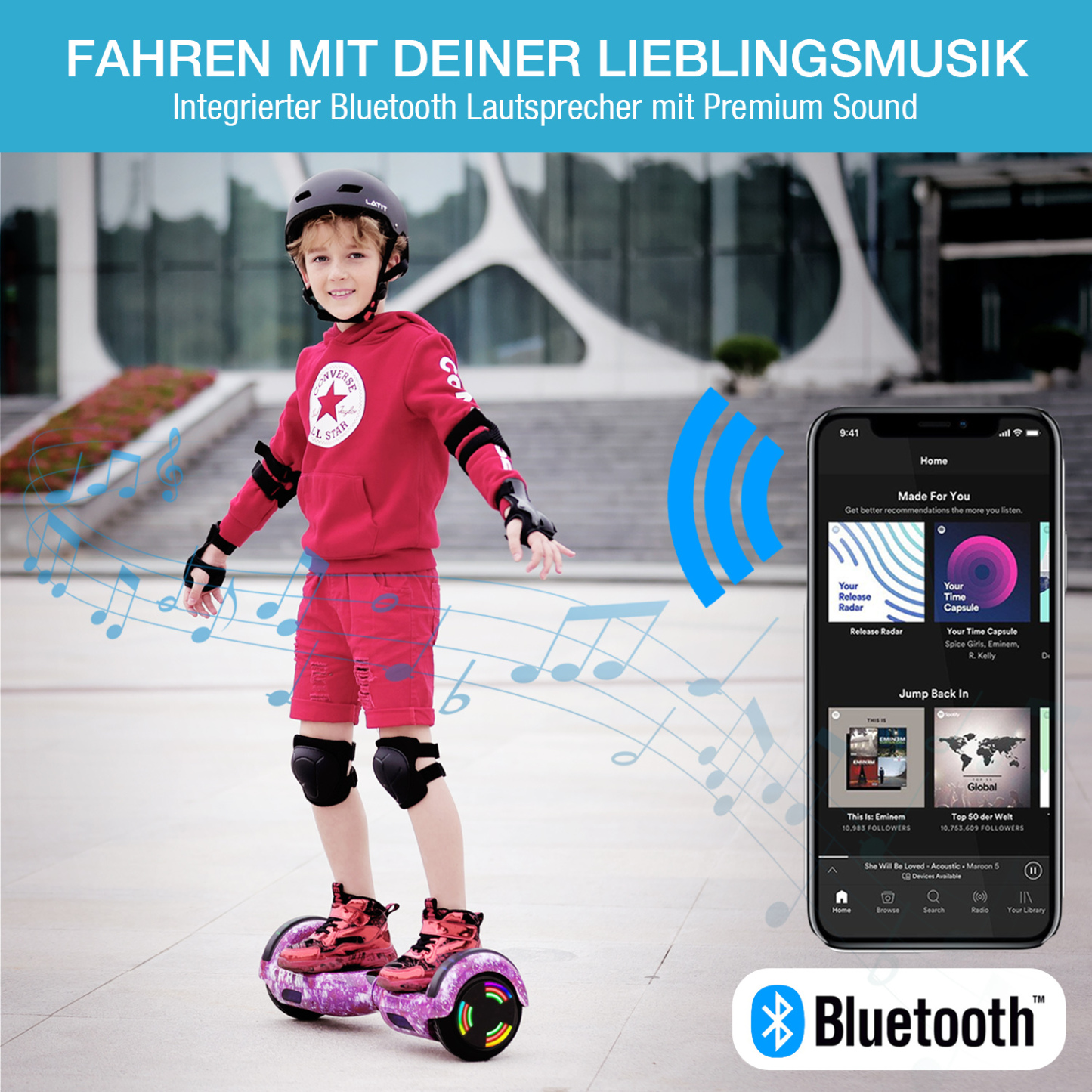 16 Farben Neue 6,5" Hoverboards für Kinder, mit Bluetooth Musik Lautsprecher und Disco LED Licht - 500W 12km/h-Hoverboarde