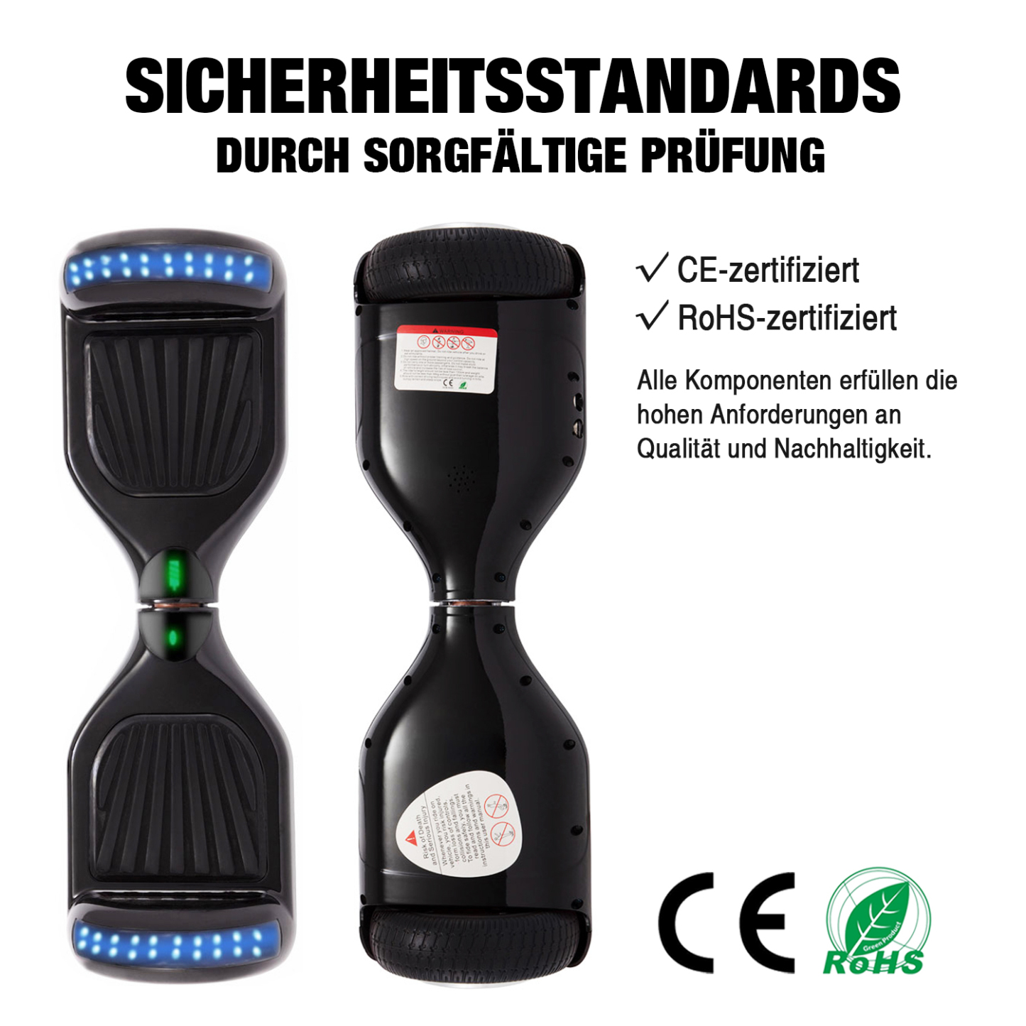 Neues 6,5" Hoverboard schwarz mit Bluetooth Musik Lautsprecher und LED Licht - 500W 12km/h-Hoverboarde