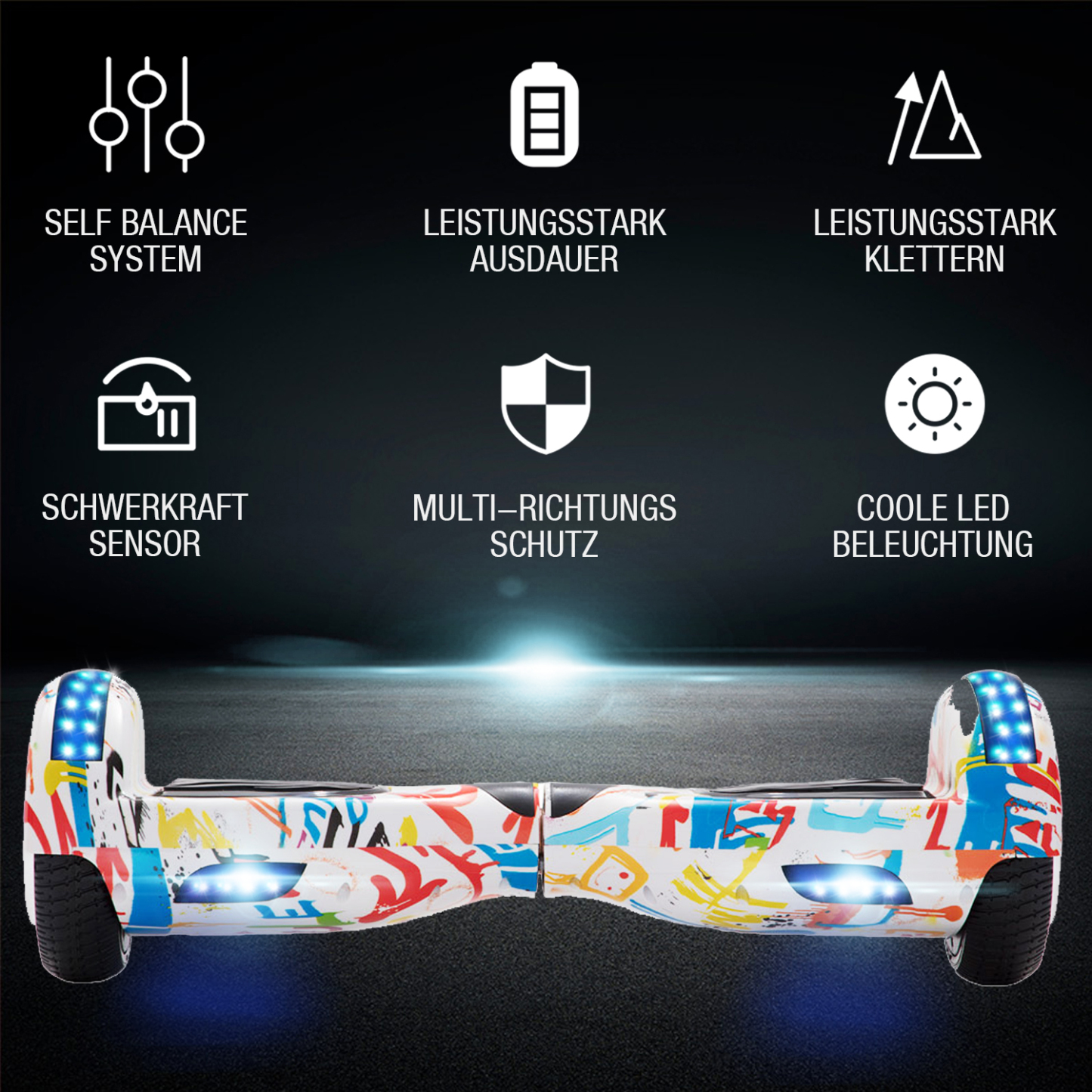 Neues 6,5" weiße Graffiti Hoverboard für Kinder, mit Bluetooth Musik Lautsprecher und Disco LED Licht - 500W 12km/h-Hoverboarde