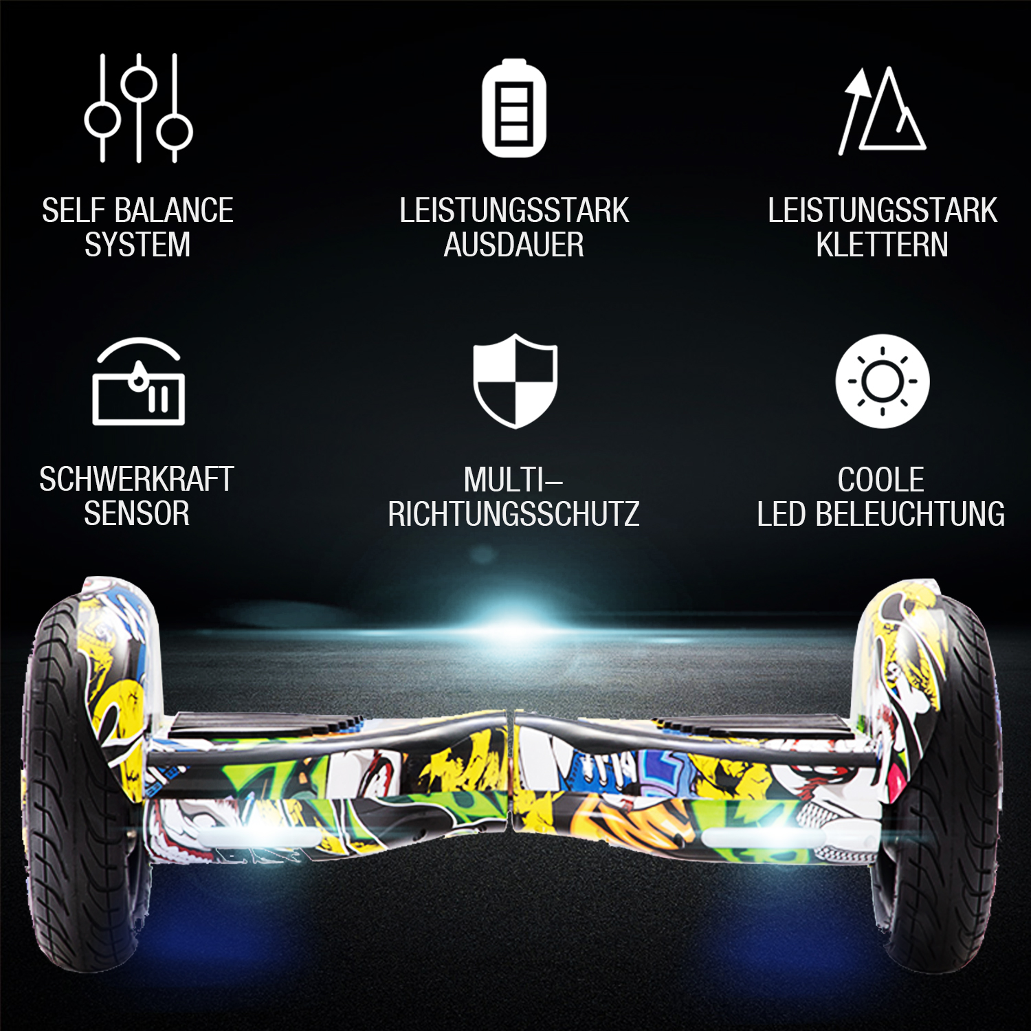 10" Hip Hop Graffiti Hoverboard mit Bluetooth, Musik Lautsprecher und Led Leuchten - 700W 15km/h-Hoverboarde