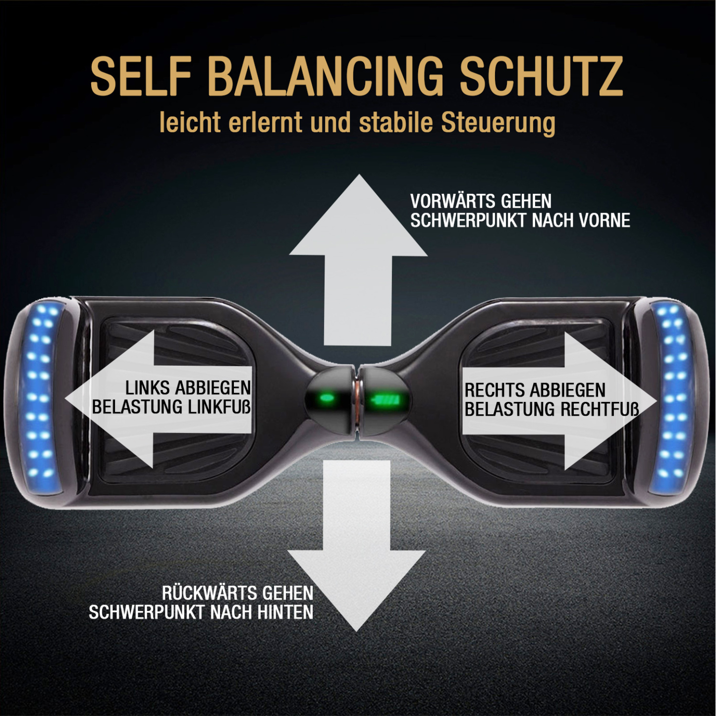 Neues 6,5" Hoverboard schwarz mit Bluetooth Musik Lautsprecher und LED Licht - 500W 12km/h-Hoverboarde