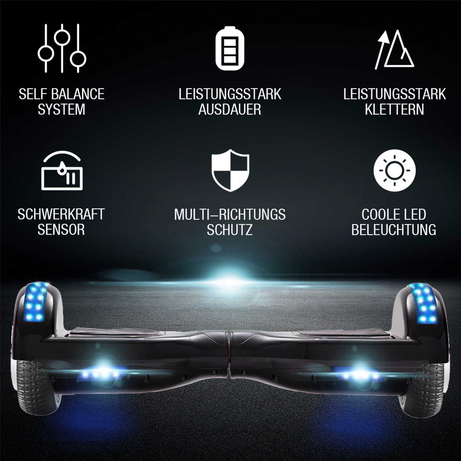 Neues 6,5" Hoverboard schwarz mit Bluetooth Musik Lautsprecher und LED Licht - 500W 12km/h-Hoverboarde