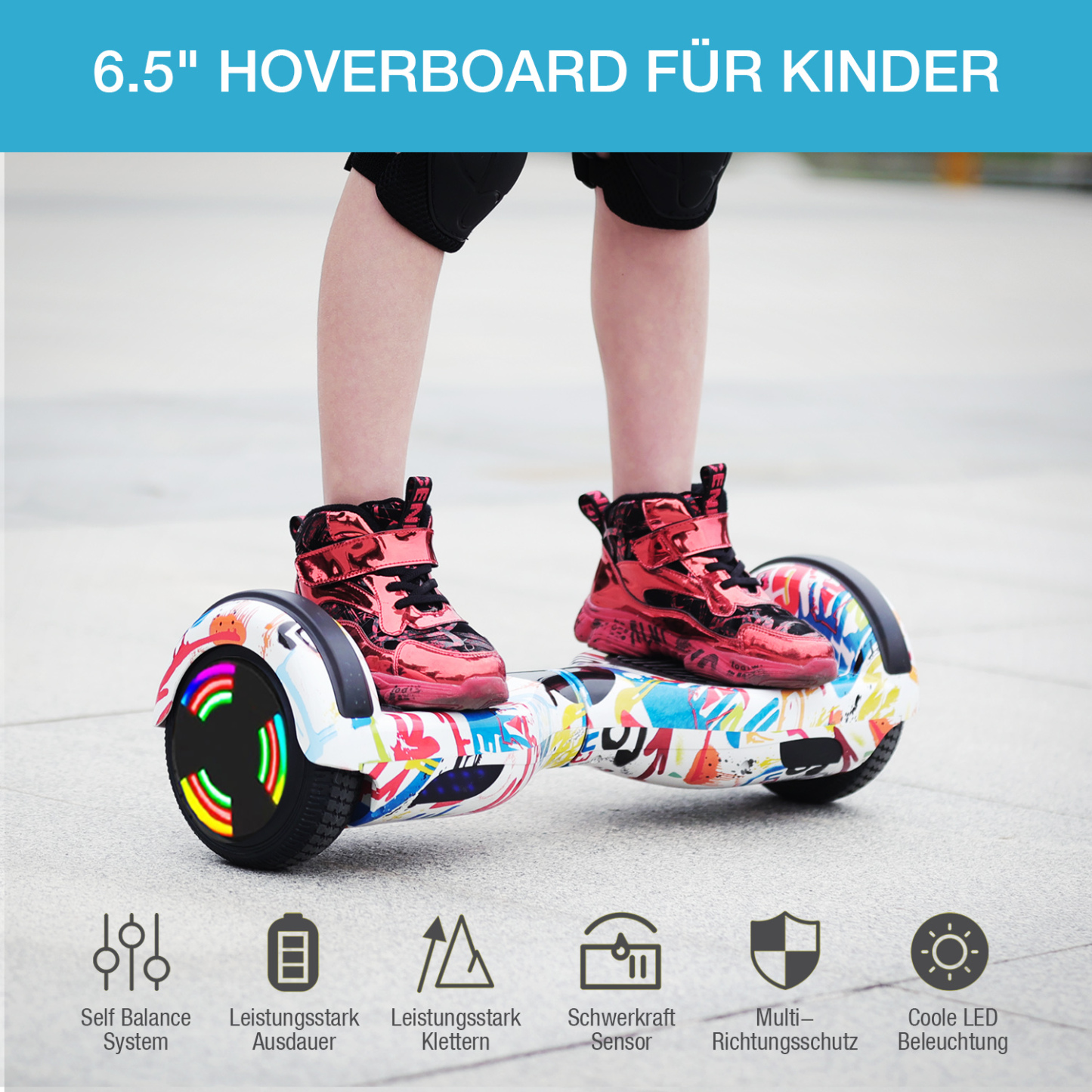 Neues 6,5" schwarzes Hoverboard für Kinder, mit Bluetooth Musik Lautsprecher und Disco LED Licht - 500W 12km/h-Hoverboarde
