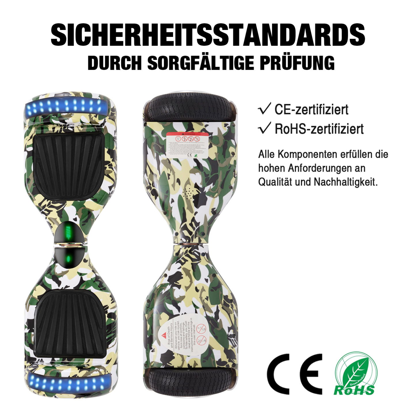 Neues 6,5" Camouflage Hoverboard grün mit Bluetooth Musik Lautsprecher und LED Licht - 500W 12km/h-Hoverboarde