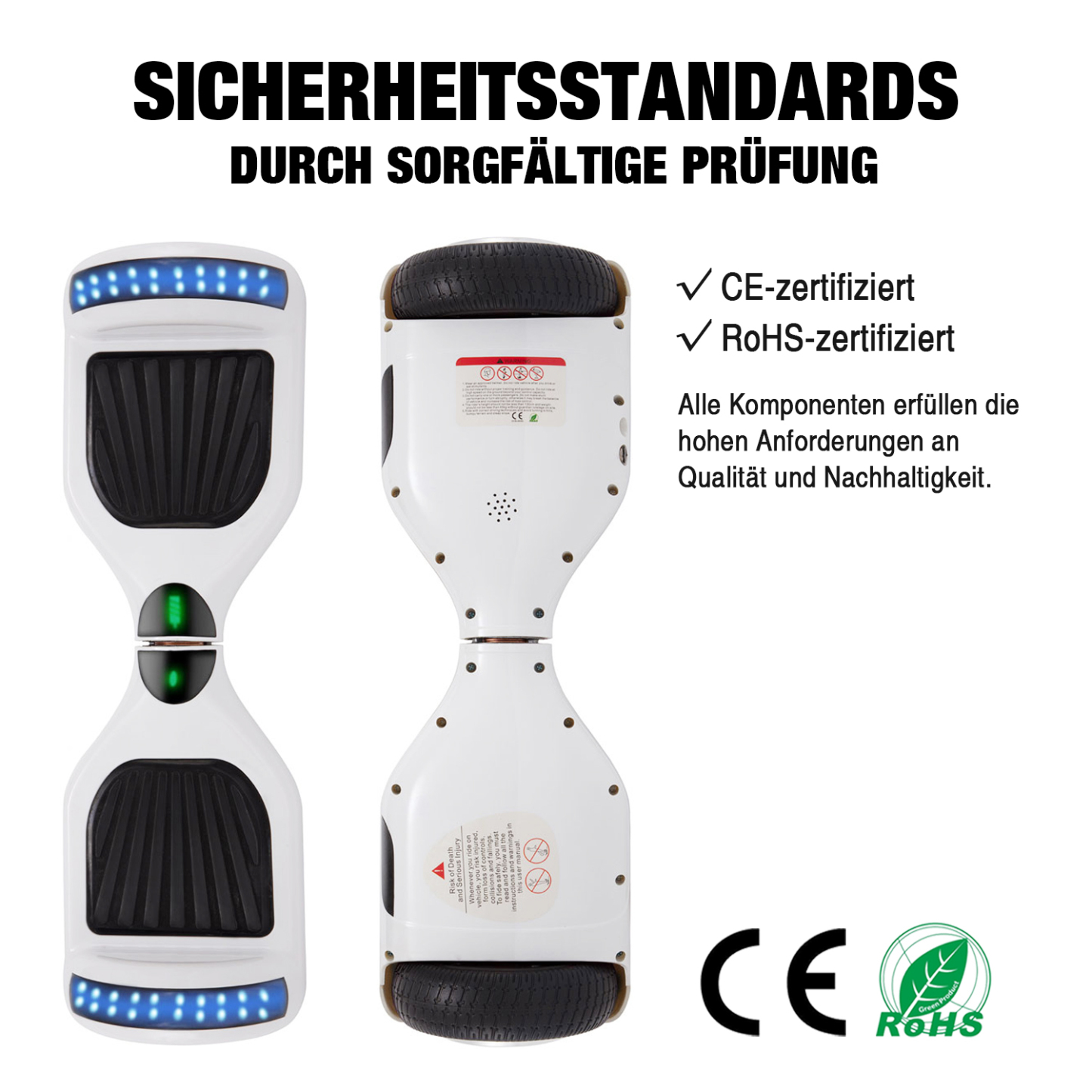 Neues 6,5" Hoverboard weiß mit Bluetooth Musik Lautsprecher und LED Licht - 500W 12km/h-Hoverboarde