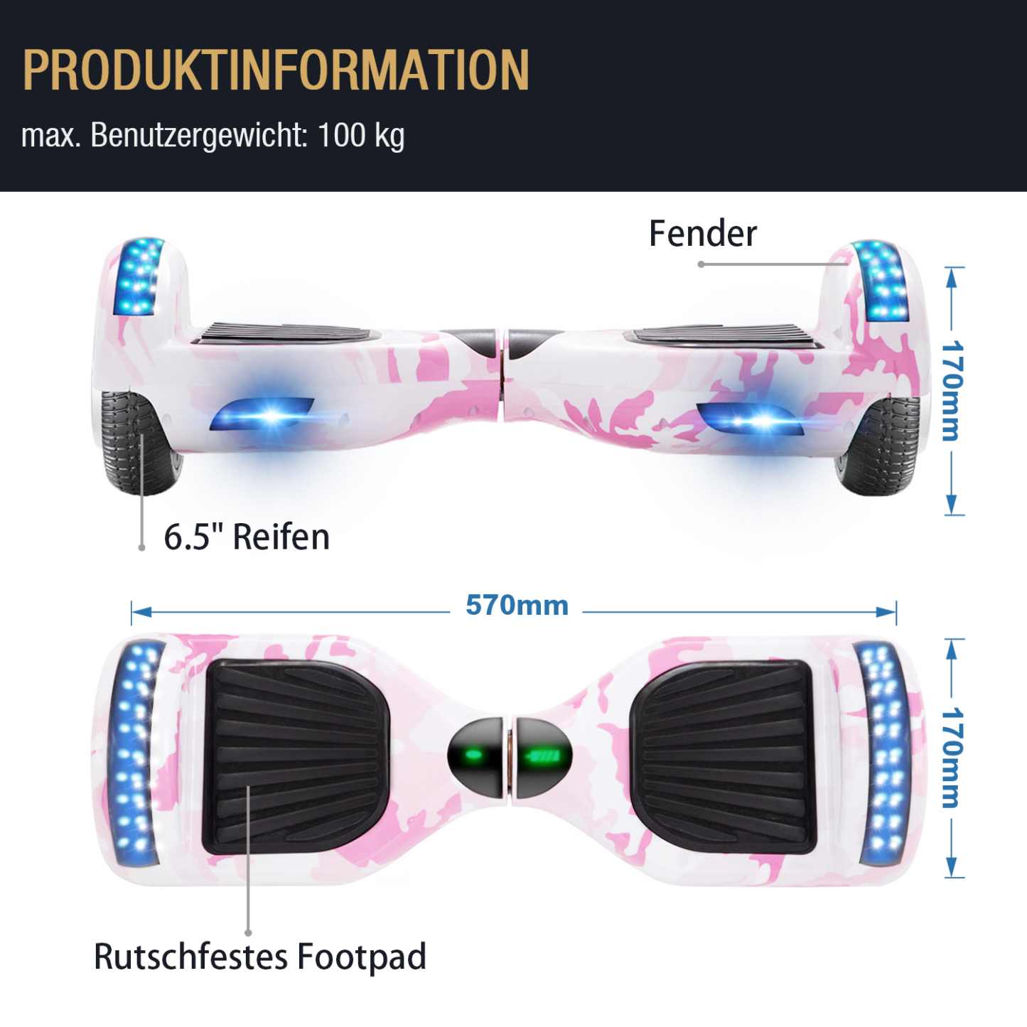 Neues 6,5" Camouflage pink Hoverboard für Kinder, mit Bluetooth Musik Lautsprecher und Disco LED Licht - 500W 12km/h-Hoverboarde