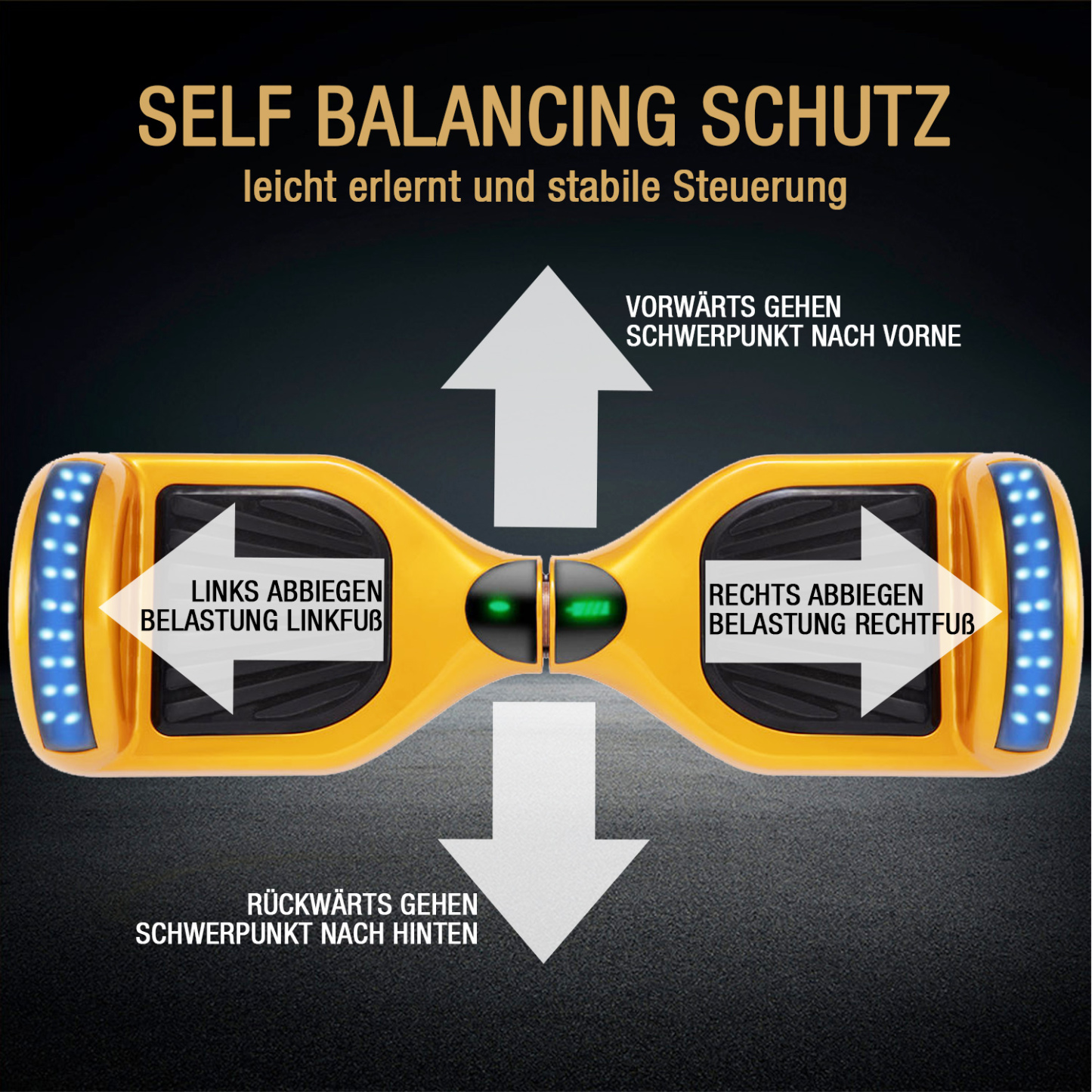 Neues 6,5" gold Hoverboard für Kinder, mit Bluetooth Musik Lautsprecher und Disco LED Licht - 500W 12km/h-Hoverboarde