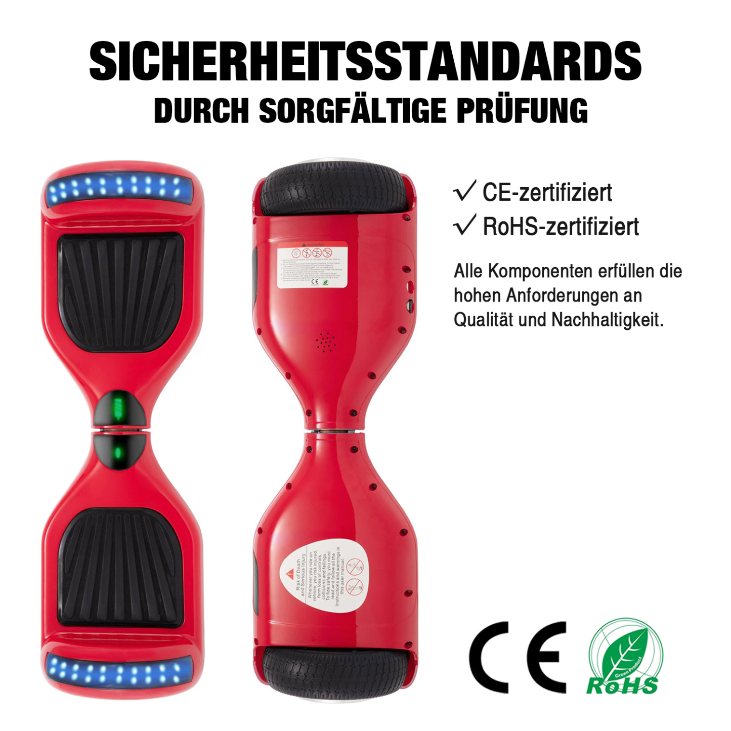 Neues 6,5" Hoverboard rot mit Bluetooth Musik Lautsprecher und LED Licht - 500W 12km/h-Hoverboarde