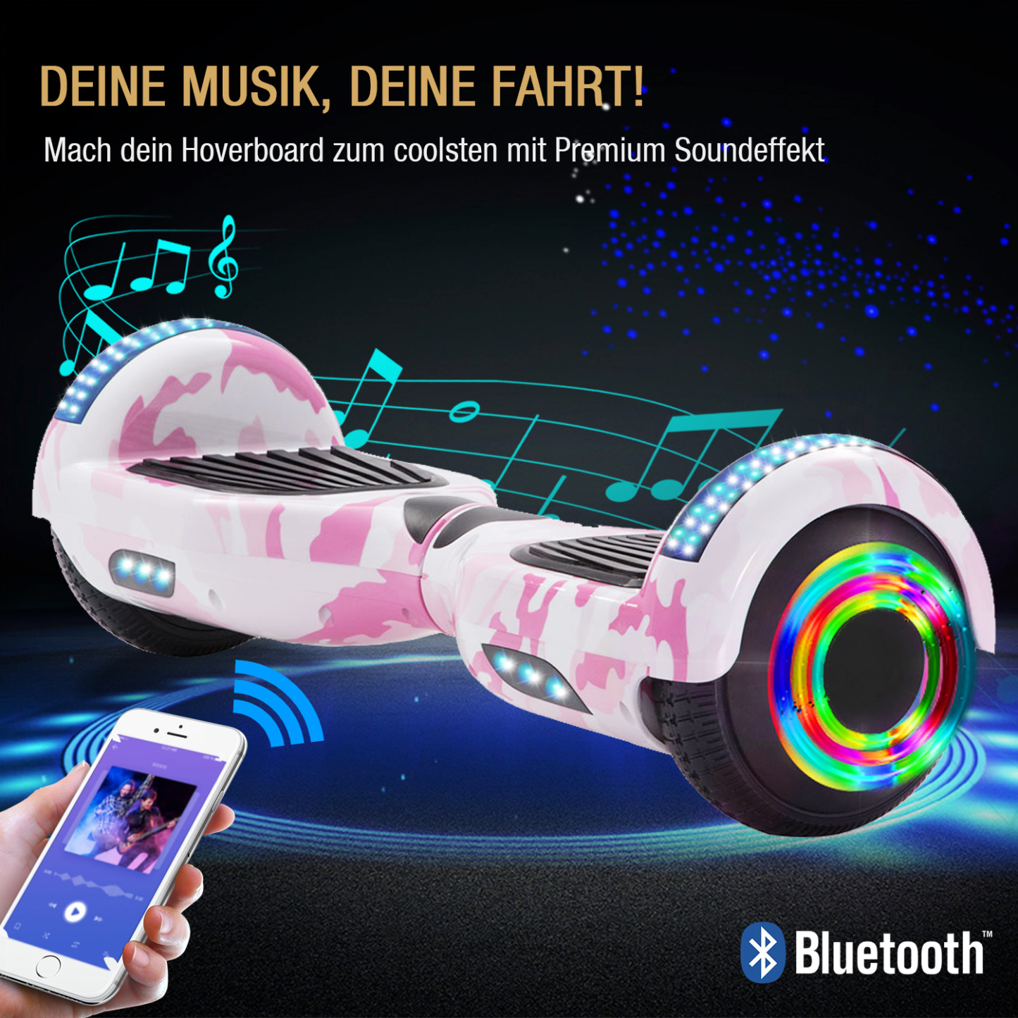 Neues 6,5" Camouflage pink Hoverboard für Kinder, mit Bluetooth Musik Lautsprecher und Disco LED Licht - 500W 12km/h-Hoverboarde