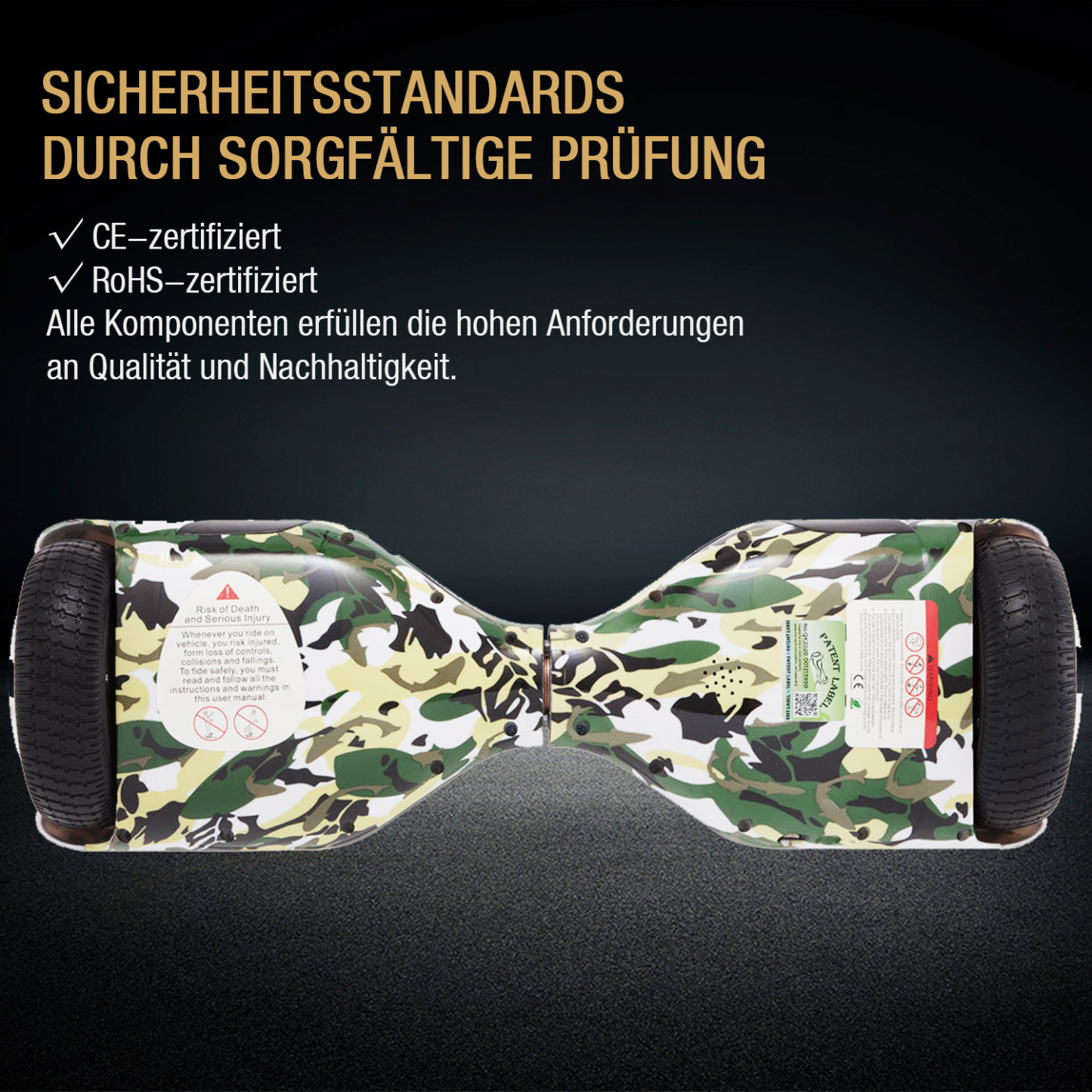 Neues 6,5" Camouflage Hoverboard grün mit Bluetooth Musik Lautsprecher und LED Licht - 500W 12km/h-Hoverboarde