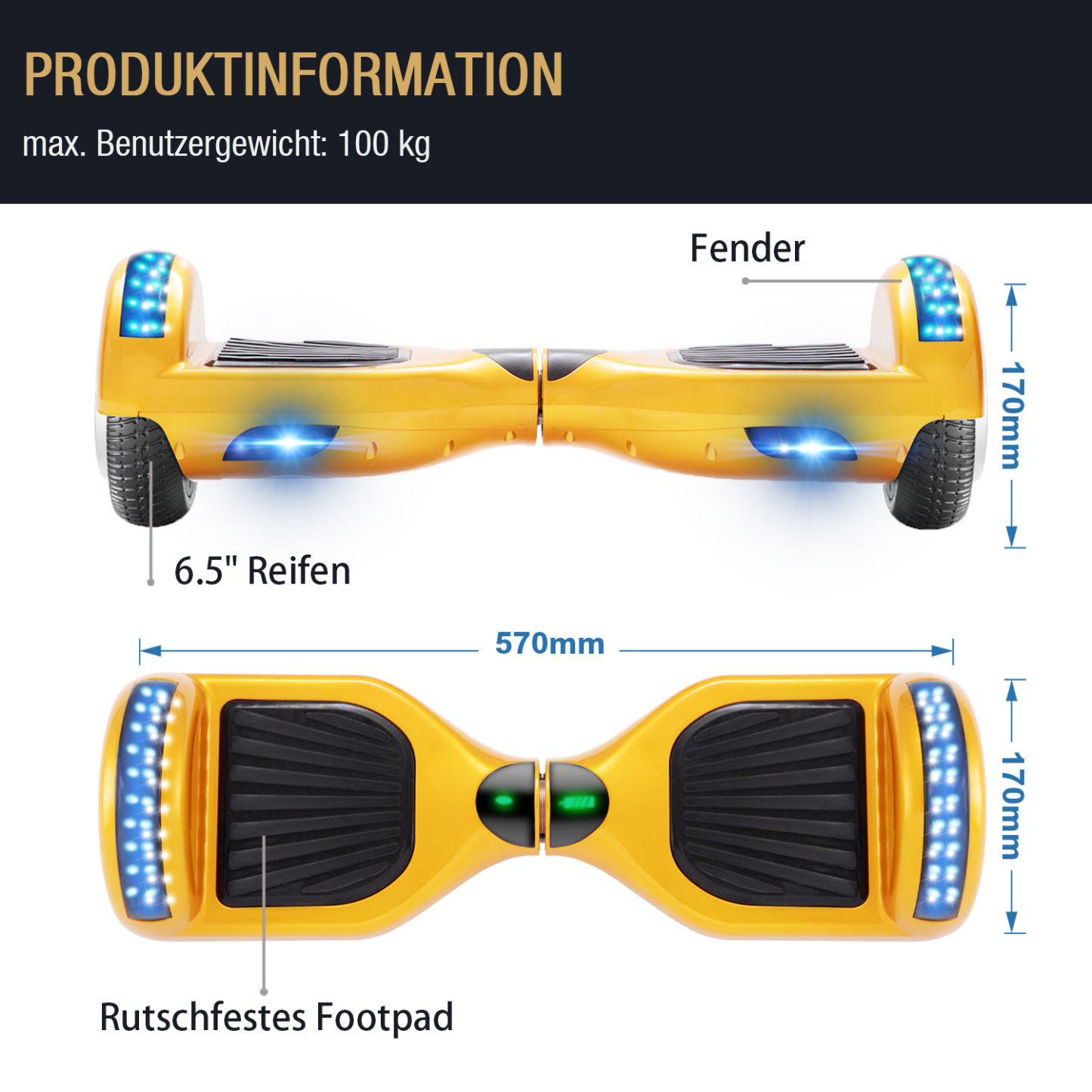 Neues 6,5" gold Hoverboard für Kinder, mit Bluetooth Musik Lautsprecher und Disco LED Licht - 500W 12km/h-Hoverboarde