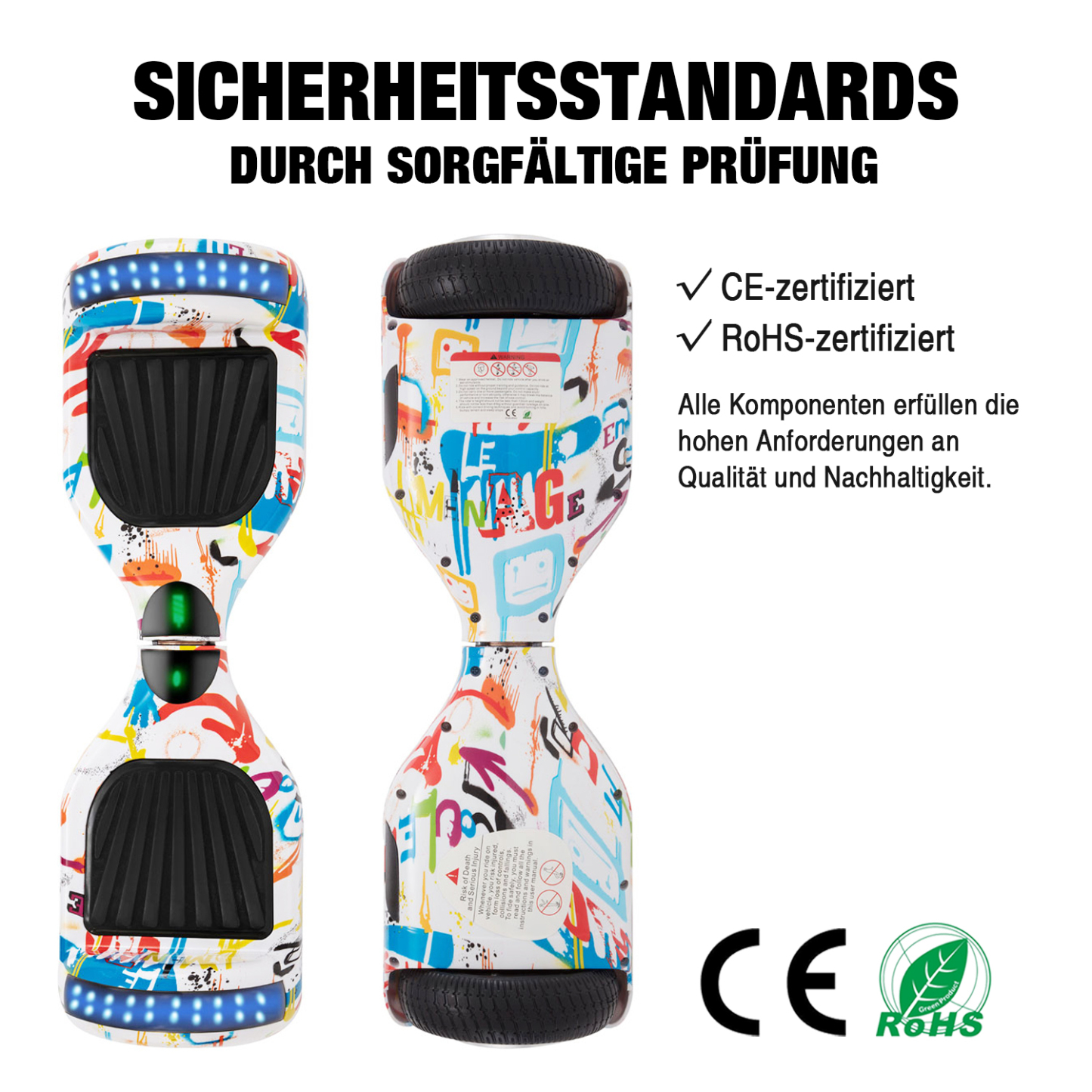 Neues 6,5" Graffiti Hoverboard weiß mit Bluetooth Musik Lautsprecher und LED Licht - 500W 12km/h-Hoverboarde