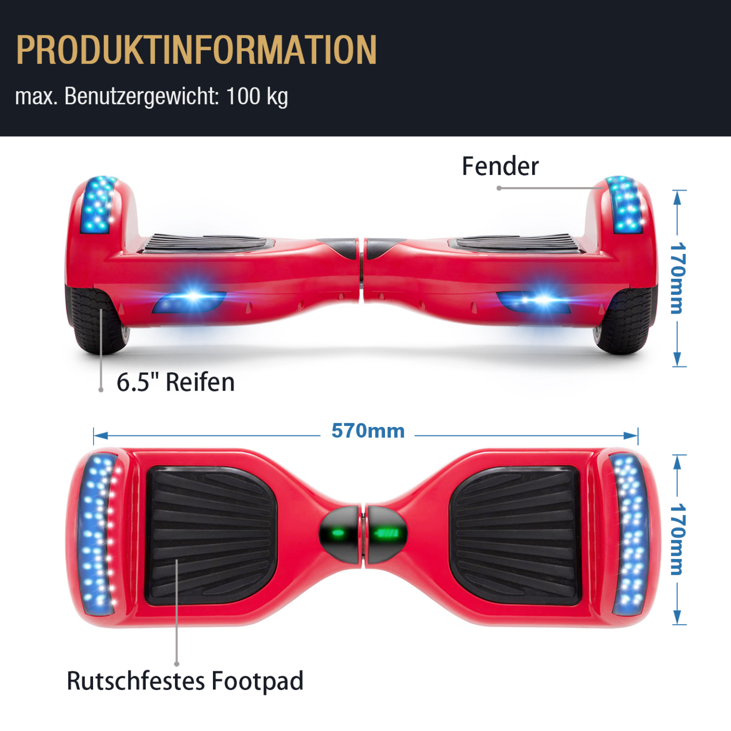 Neues 6,5" Hoverboard rot mit Bluetooth Musik Lautsprecher und LED Licht - 500W 12km/h-Hoverboarde