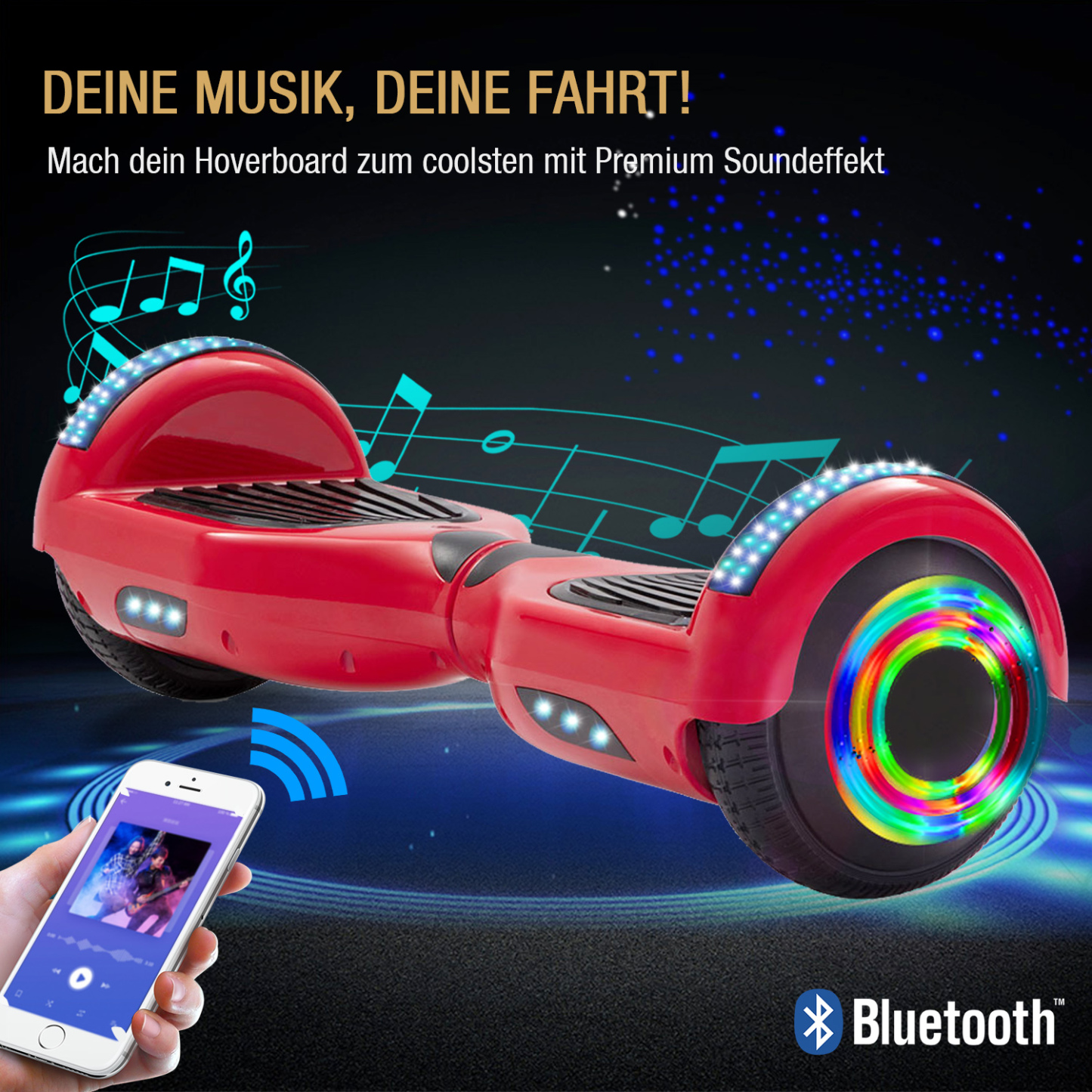 Neues 6,5" rotes Hoverboard für Kinder, mit Bluetooth Musik Lautsprecher und Disco LED Licht - 500W 12km/h-Hoverboarde