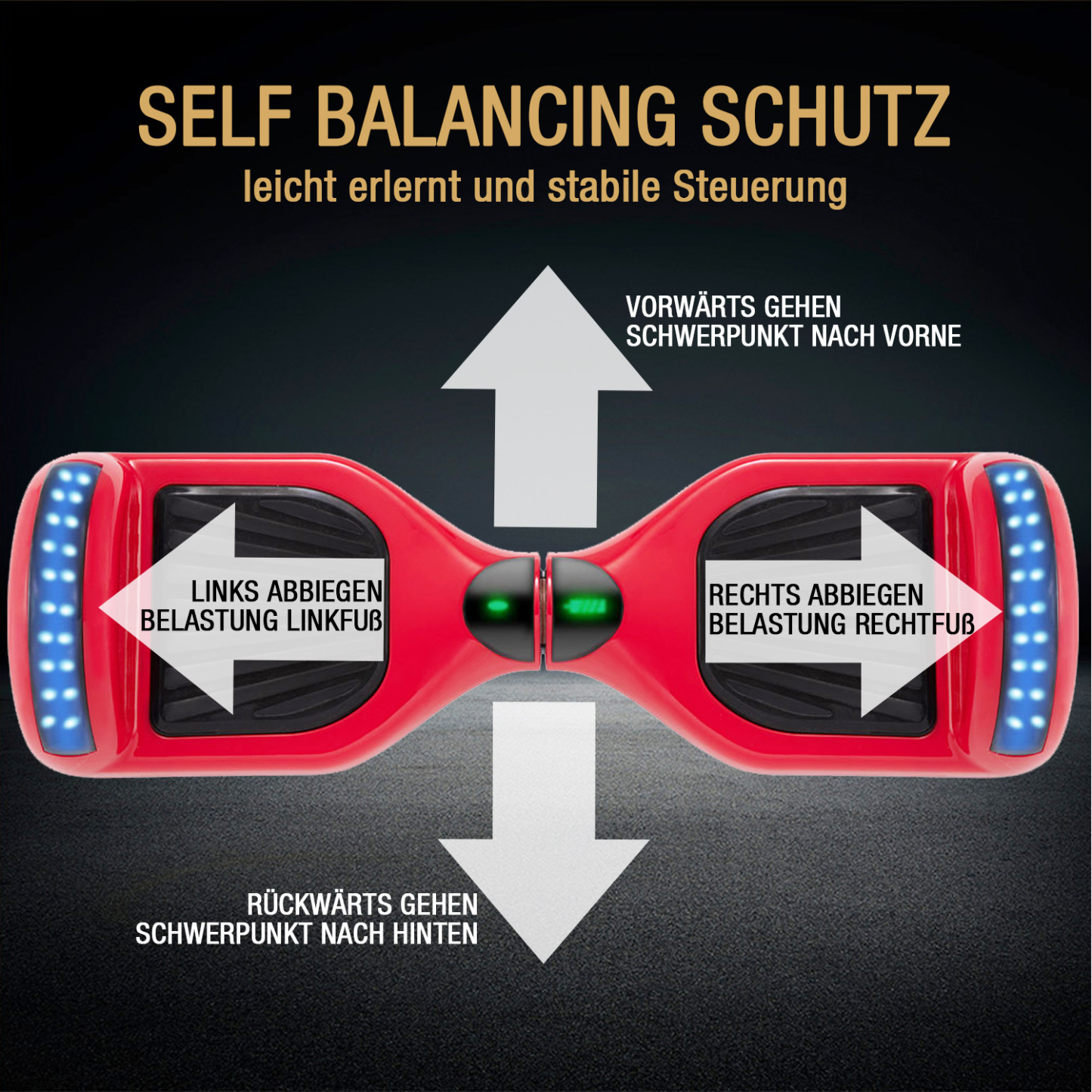 Neues 6,5" Hoverboard rot mit Bluetooth Musik Lautsprecher und LED Licht - 500W 12km/h-Hoverboarde