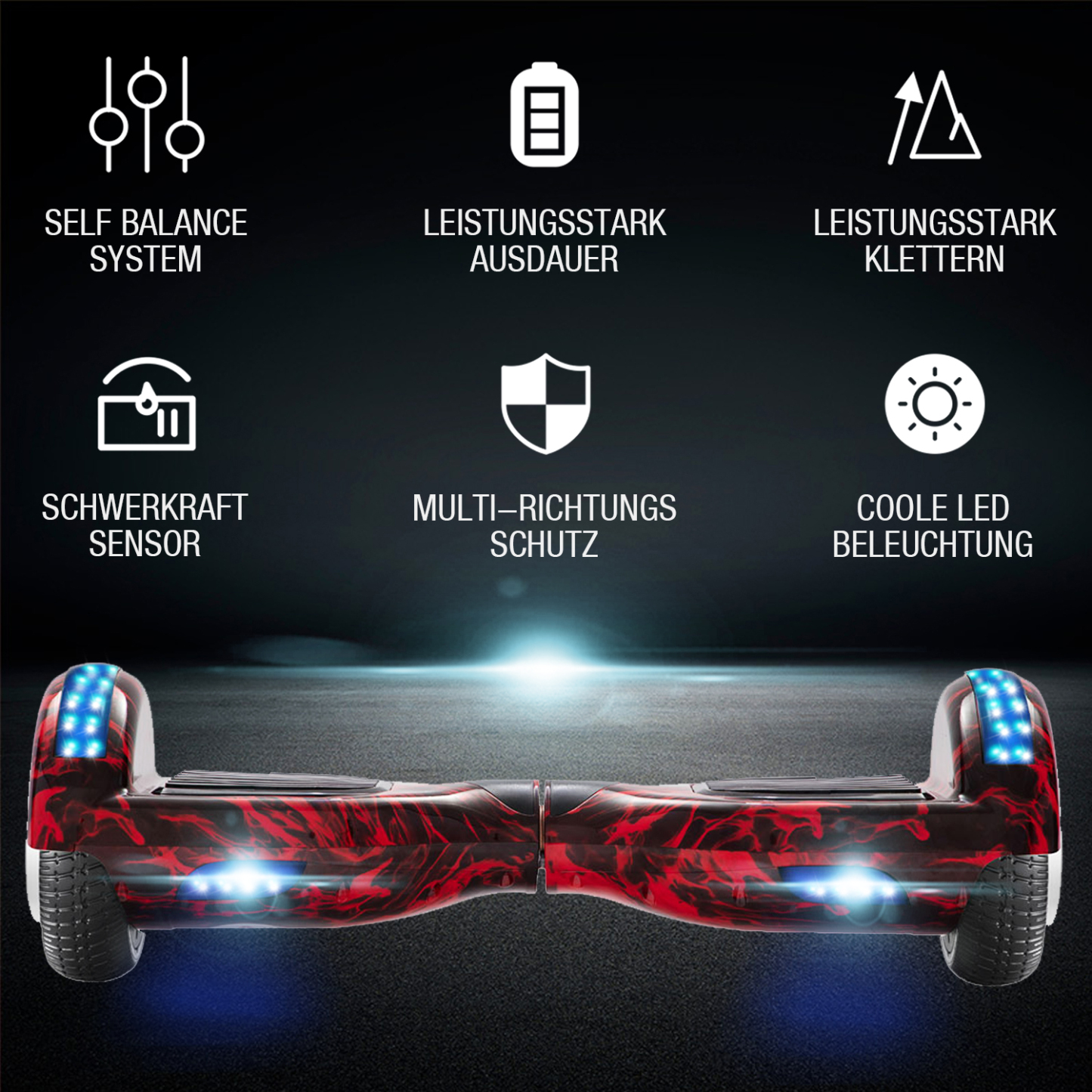6,5 Zoll Flammenrot Hoverboard für Kinder Bluetooth Lautsprecher Musik LED Lichter Deutschland