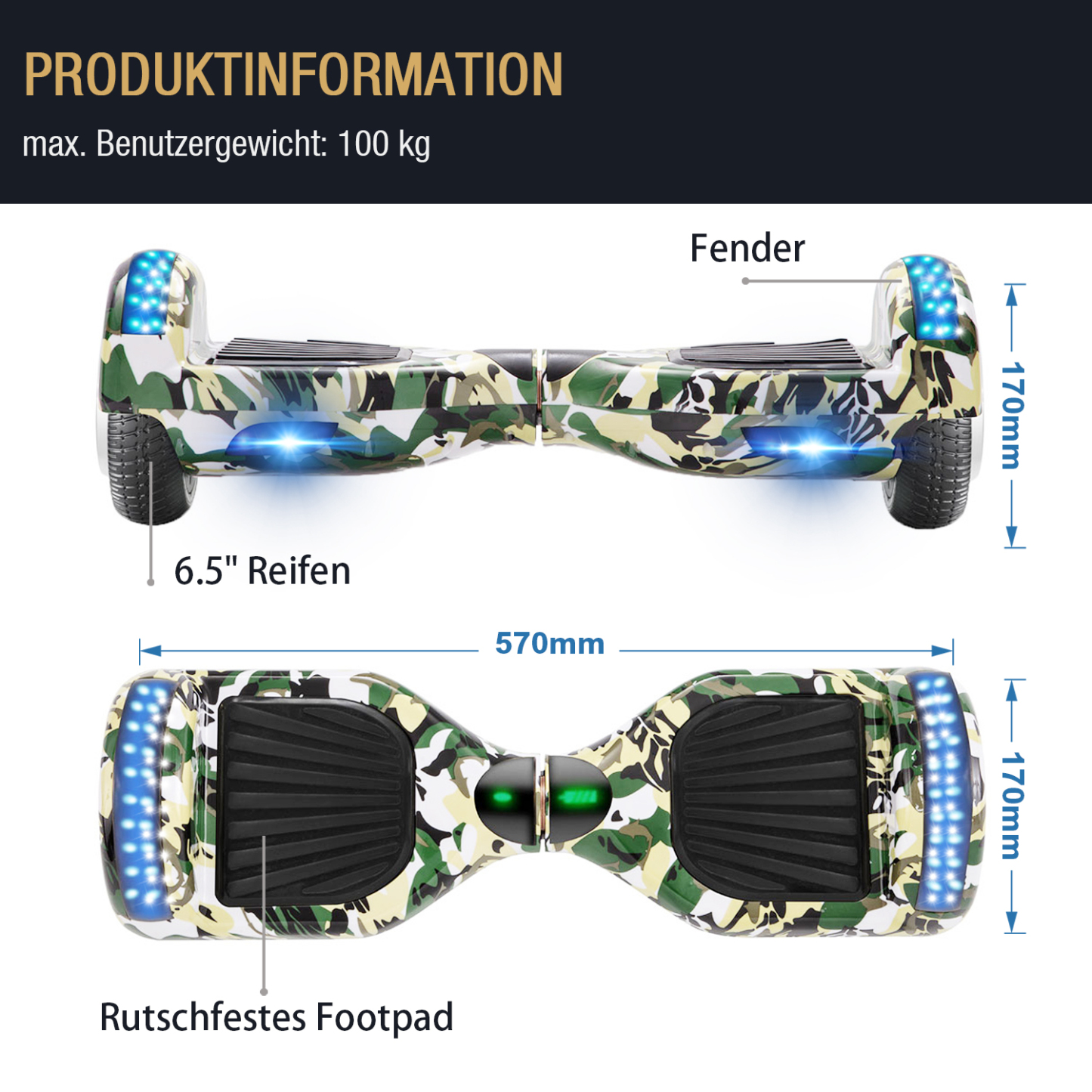 Neues 6,5" Camouflage Hoverboard grün mit Bluetooth Musik Lautsprecher und LED Licht - 500W 12km/h-Hoverboarde